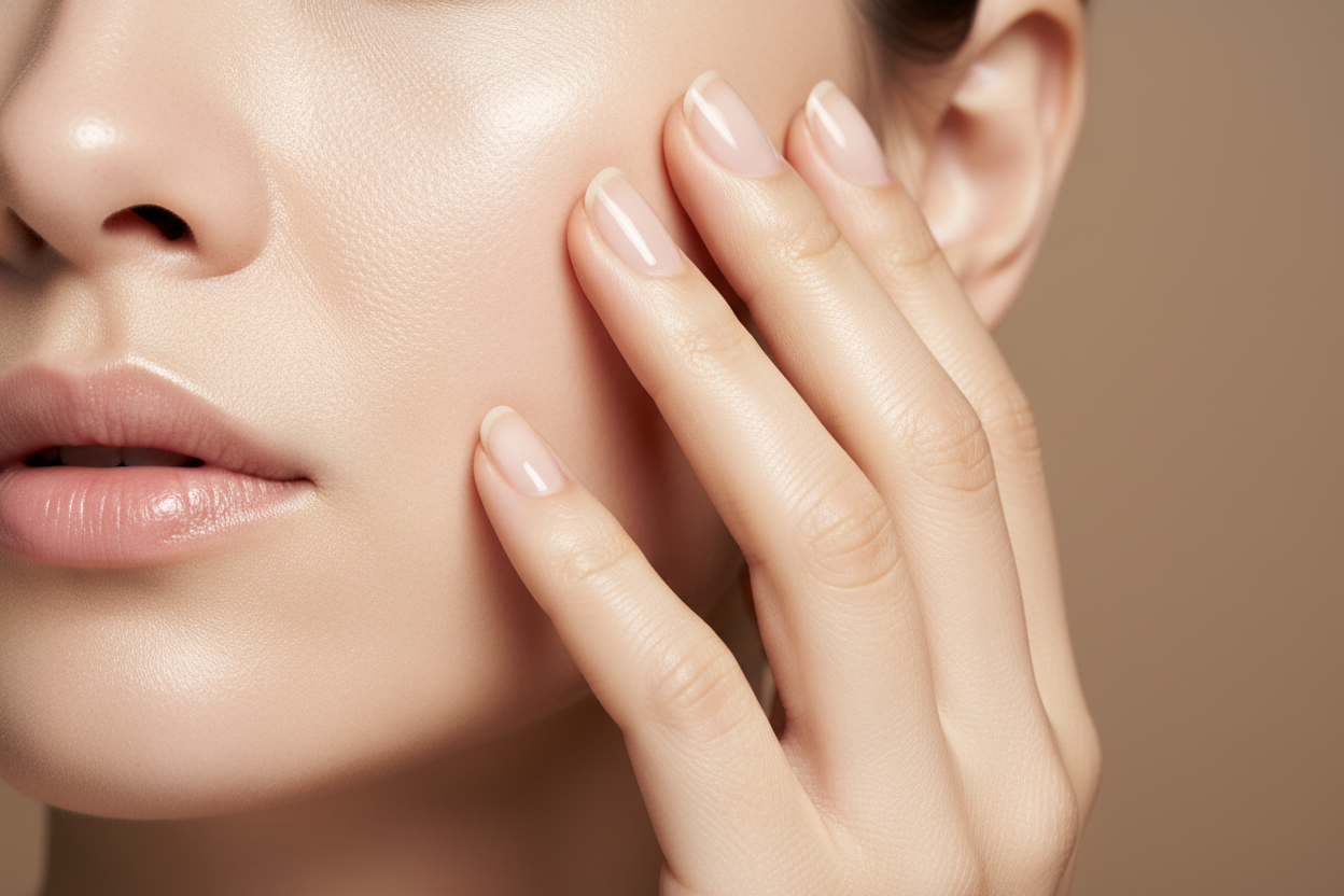 add a hand and like finger tuching smooth face