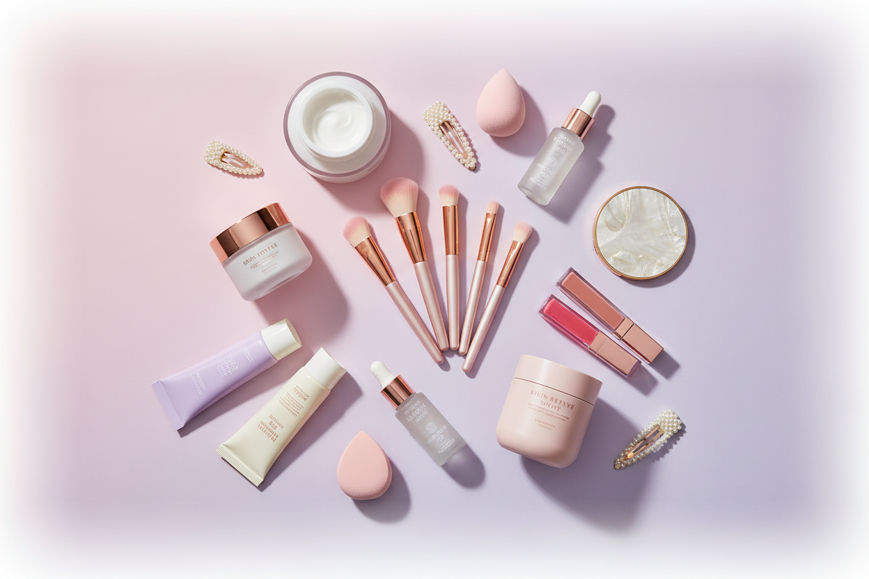 Create a soft pastel aesthetic image featuring a neatly arranged pile of girly beauty items — makeup brushes, cream jars, serum bottles, lip gloss, tubes of skincare, beauty sponges, and small cosmetic accessories. Use a cute feminine color palette (pinks, whites, lilac), soft lighting, subtle shadows, and a clean premium beauty style. Make it visually pleasing, organized, and perfect for a beauty brand banner.